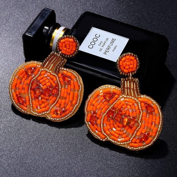 Women Orange Cute Pumpkin Ghost Beaded Dangle Earrings Spooky Skull Halloween - Picture 6 of 8